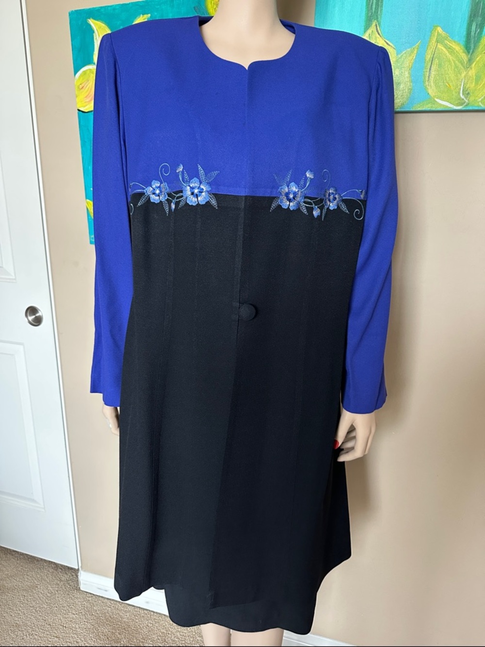 S.L. Fashions Royal Blue and Black 2 piece Dress and long jacket.